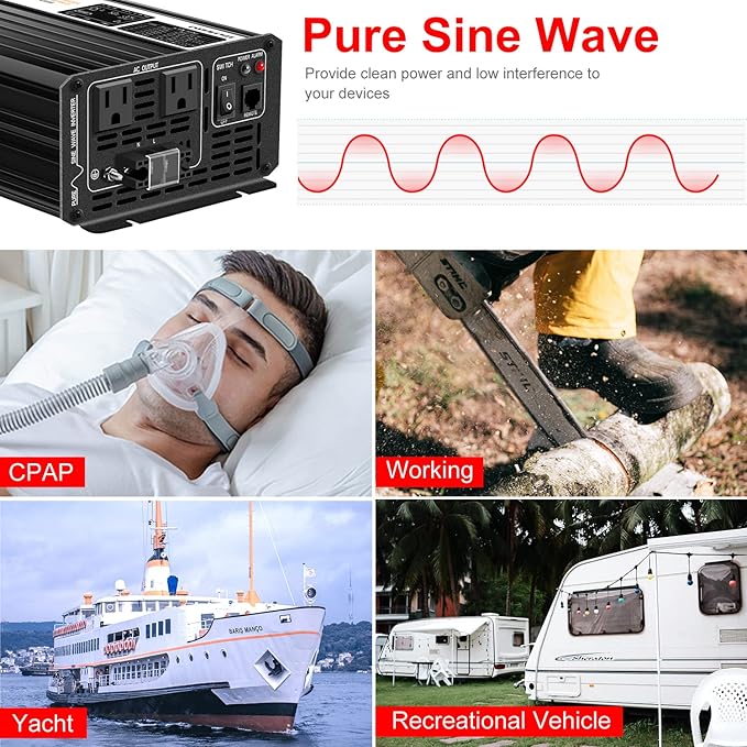 Xijia Pure sine Wave Inverter 2000W 48 Volt dc to 120 Volt ac Inverter (Peak Power 4000W) rv Converter 60HZ with Soft Start for car &Camping (DC48V (Range 40V-60V) 2000W)