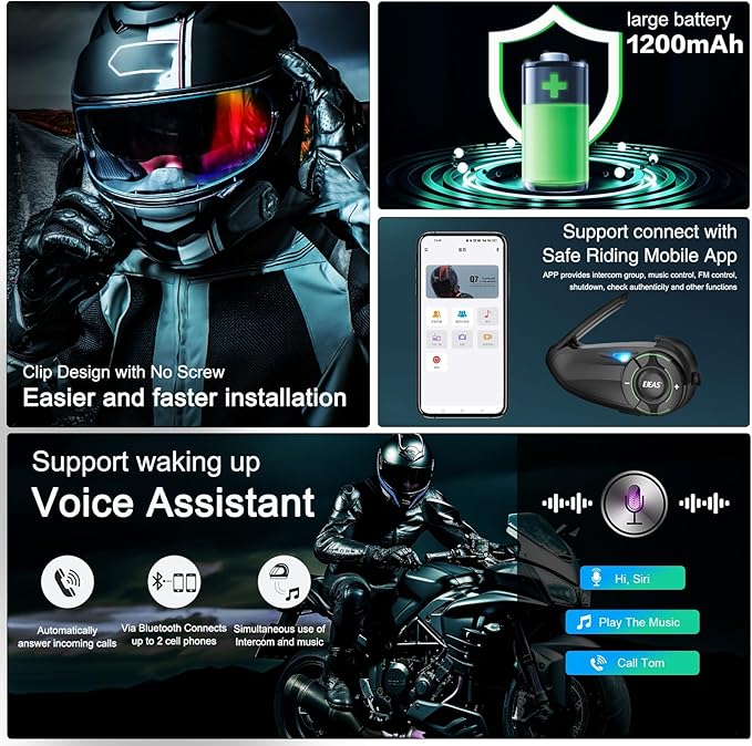 EJEAS Q8 2PC Motorcycle Bluetooth Headset, Upgraded Mesh 3.0 Intercom System with Music Sharing and IP67 Waterproof for 6 Riders Group Talking