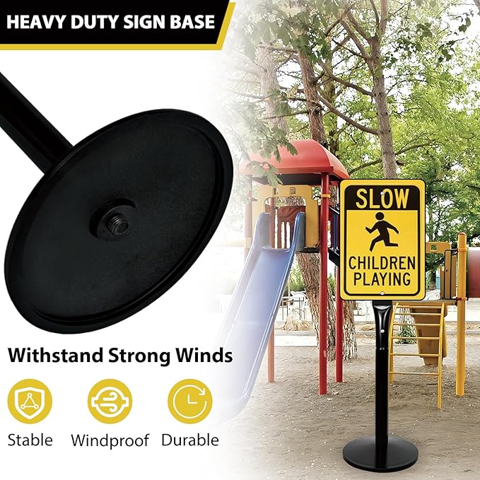 Parking Sign Stand with Base - 15 Lbs Cast Iron Parking Sign Post for Hanging Traffic Construction Street Warning Notice, Movable Black Heavy Duty Base Stand for Outdoor Use, 2 Pack