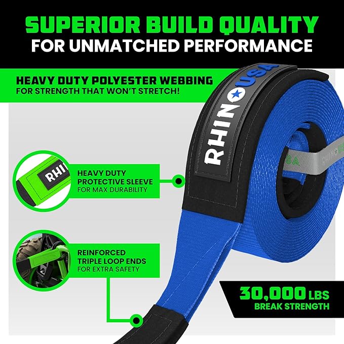 Rhino USA Recovery Tow Strap (3"x30') - 31,518lb Break Strength- Emergency Recovery Strap Tow Rope for Truck, UTV, ATV & More- Heavy Duty Towing Strap for Offroad 4x4 Use - Compatible with Jeep (Blue)