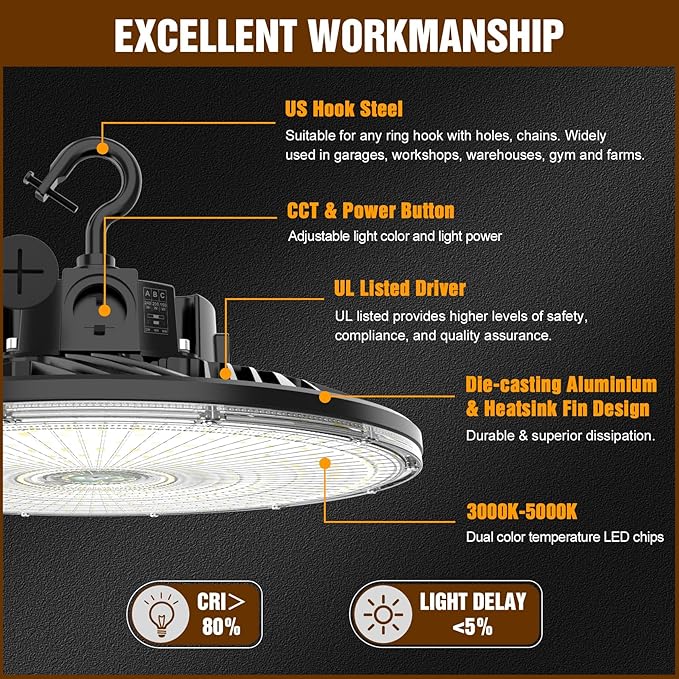 480V UFO LED High Bay Light 240W 200W 150W Adjustable, UL DLC Listed Dimmable High Bay LED Shop Lights 3000K 4000K 5000K, IP65 Waterproof Commercial Bay Lighting for Warehouse Factory