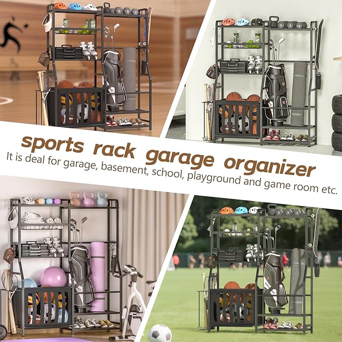 Garage Sports Equipment Organizer, Golf Bag Storage Rack, Heavy Duty Ball Holder with Basket & Hooks, Indoor/Outdoor Basketball Storage Bins for Toy Sports Gear Storage