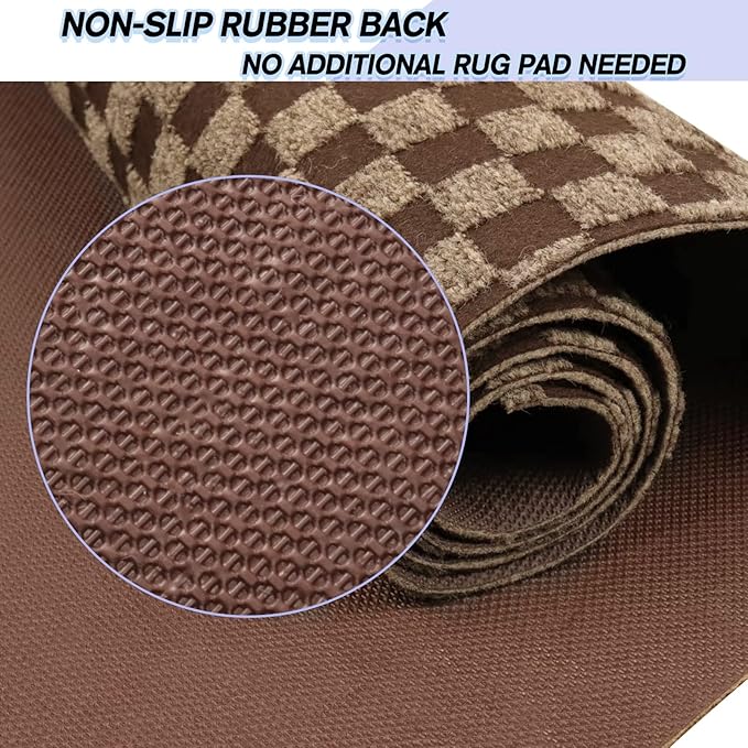 Custom Size Backed Non-Slip Area Rugs Runner, Easy Clean, Waterproof Runner Rugs for Hallway Entryway, Kitchen, Laundry, 4FT x 6FT, Brown Checkered