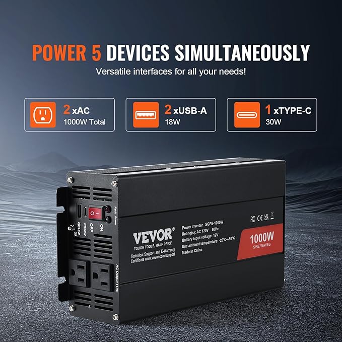 VEVOR 1000W Pure Sine Wave Inverter, DC 12V to AC 120V Power Inverter with 2 AC Outlets 1 USB Port 1 Type-C Port, Remote Control for Small Home Devices Like Smartphone Laptop, CE FCC Certified
