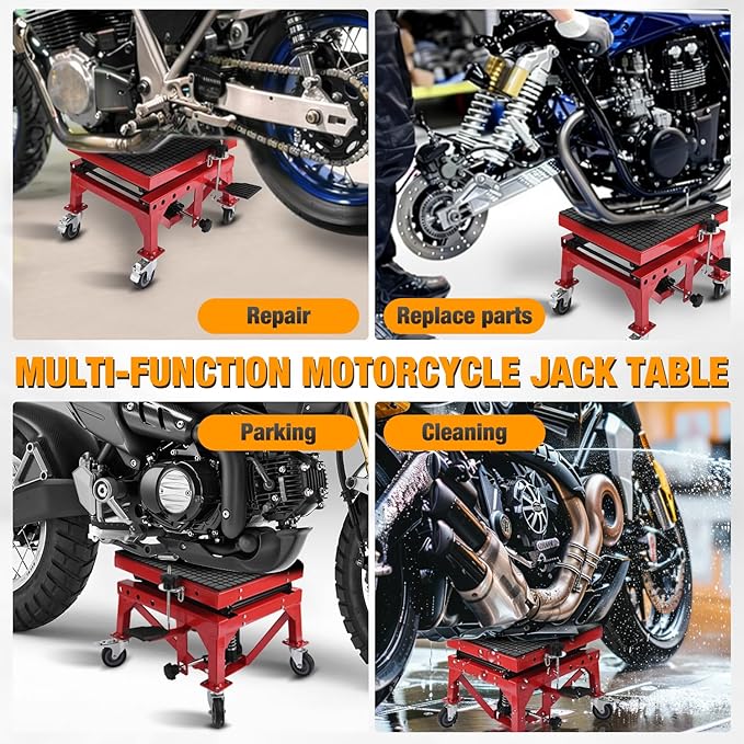 Nilight Motorcycle Lift Table Jack 300 LBS Heavy Duty Hydraulic Motorcycle Scissor Jack Lifts Table Foot Pedal with 4 Caster Wheels Wide Deck for Motorbike Dirt Bike ATV Garage Repair Tool, Red