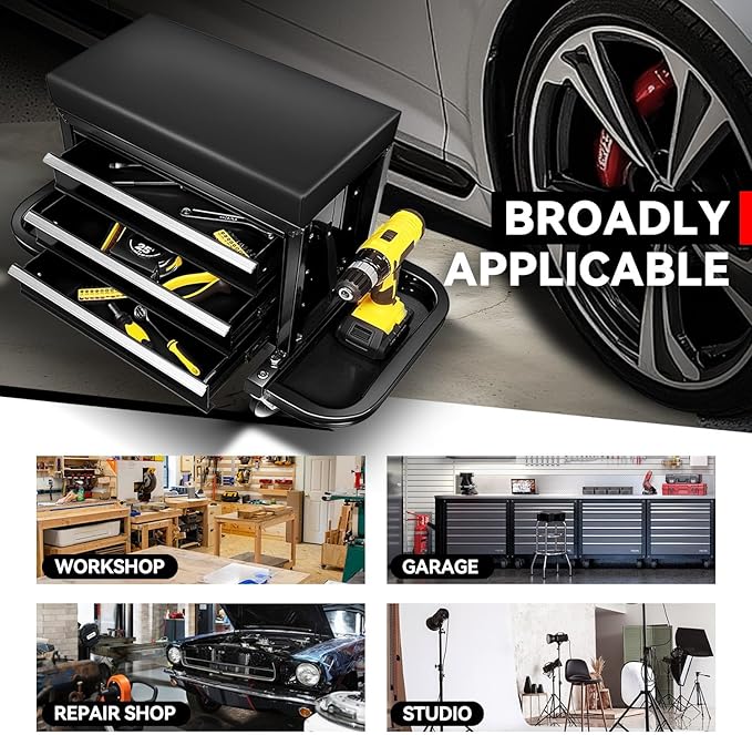 Auto Dynasty 3-Drawer Mechanic Rolling Seat, 350 LBS Capacity Roller Garage Shop Seat with Storage Tool Tray for Workshop, Repair Shop, Warehouse, Black