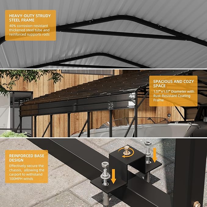 20 x 30 FT Metal Carport with Galvanized Steel Roof, Heavy Duty Metal Roof Carport with Enhanced Base, Tall MetalCarport Kits Garage for Tractors, Trucks, Boats, Cars