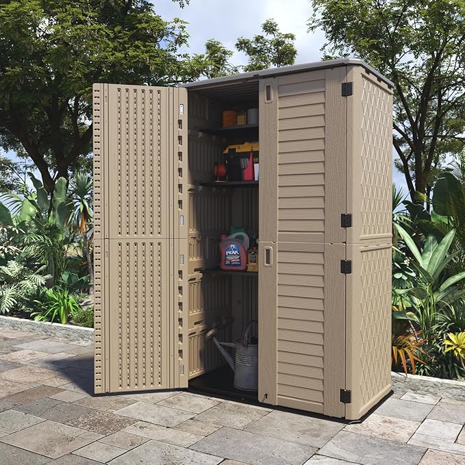 ADDOK Outdoor Storage Sheds Waterproof,Resin Outdoor Storage Cabinet Lockable, Double-Layer Storage Shed for Patios/Generator/Long-Handled Tools