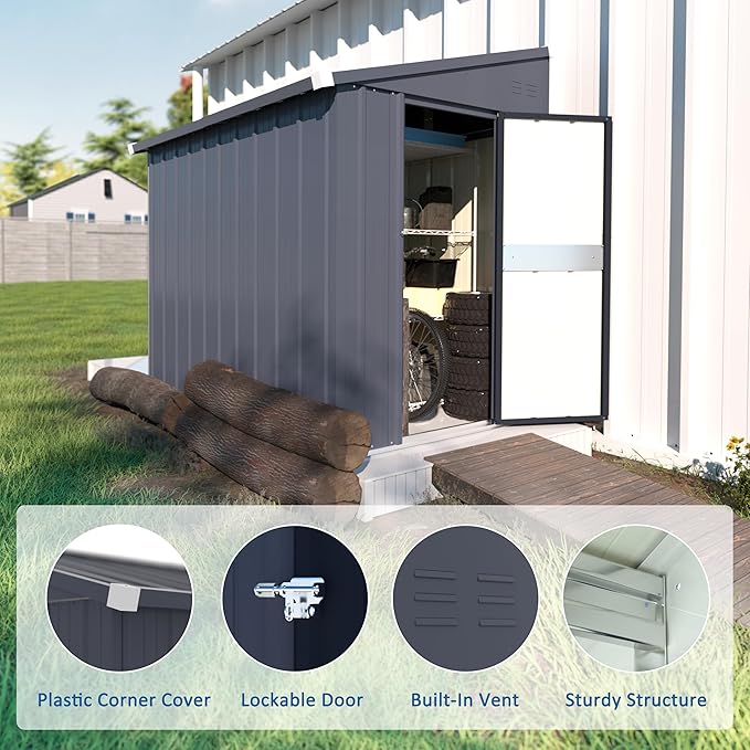 BlueWish 4'x6' Storage Shed, Lean-to Outdoor Storage Shed with Built in Vents, Metal Tool Shed Small Shed Kit with Galvanized Sloping Roof, Sheds & Outdoor Storage for Tool Storage