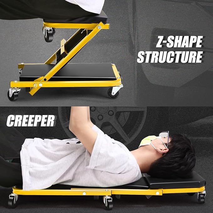 DNA MOTORING 36 Inches 2 IN 1 Rolling Folding Car Creeper/Seat, 6 Pcs 2" Casters, 150kg Weight Capacity, Yellow, TOOLS-00185-YL