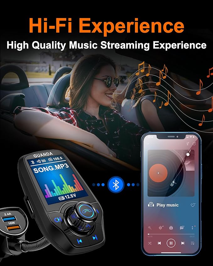 Upgraded Bluetooth FM Transmitter for Car, Wireless Radio Adapter Kit W 1.8" Color Display Hands-Free Call AUX in/Out SD/TF Card USB Fast Charge 18W for All Smartphones Audio Players - Matte Black