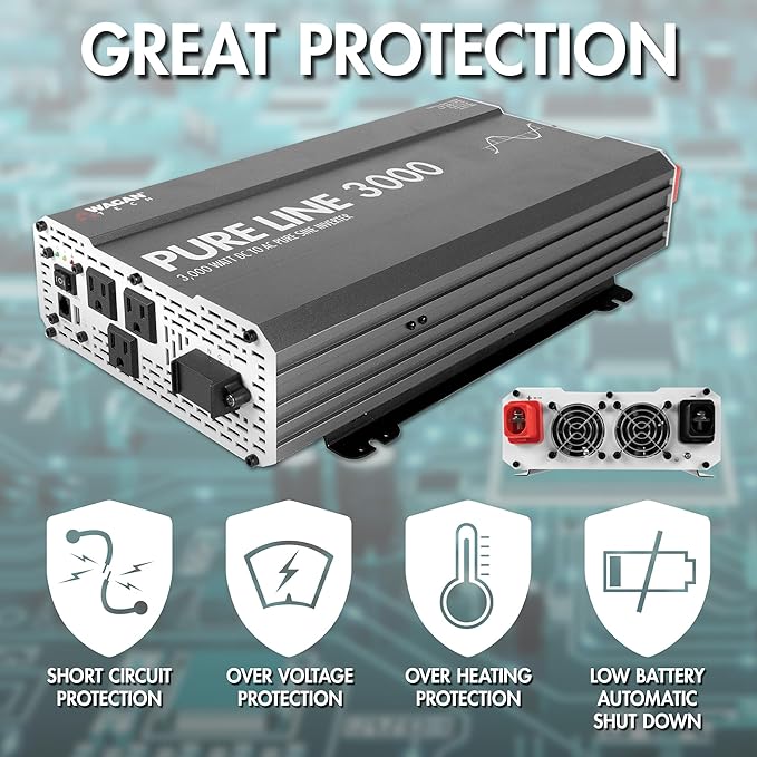 Wagan EL3810 Pure Line 3000 watt Power Inverter 6000 Watt Peak Surge Power DC 12V to 110V AC Car Inverter ETL Certified