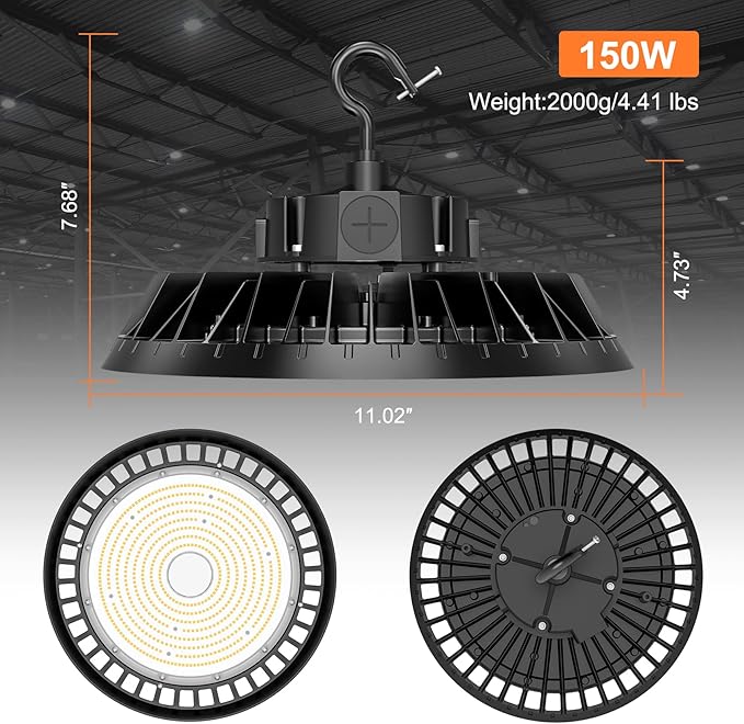 LED High Bay Lights, 150W UFO High Bay LED Shop Lights, 22500LM Adjustable CCT(5700K 5000K 4500K) & Power(150W 120W 80W), 0-10V Dimmable, 5' Cable Plug, IP65 Waterproof, ETL & DLC Listed High Bay