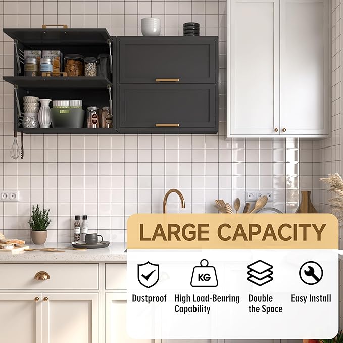 Metal Wall Cabinets with 2 Up-Flip Doors, Floating Steel Wall Mounted for Garage, Basement, Home Office, Kitchen, Warehouse - Black