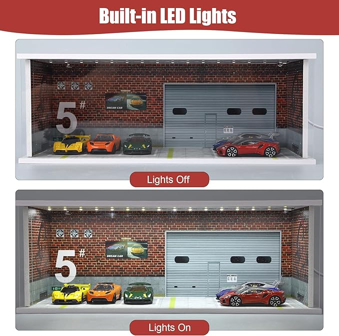 Display Case for Hot Wheels: Stackable Parking Garage for 1/64 Scale Matchbox Toy Car, FoamBoard Storage for Monster Trucks with LED Light and Acrylic Cover, Red Factory