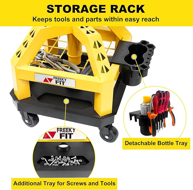 Rolling Shop Stool for Garage with Casters, DO02-Adjustable Height 360° Swivel Shop Seat with Tool Tray Storage, 330 LBS Capacity Padded Mechanic Stool, Yellow