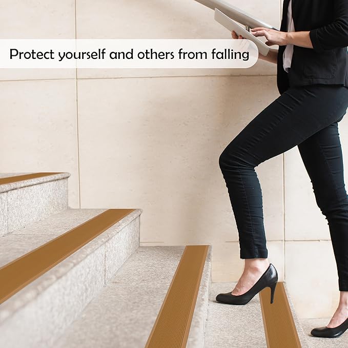 Rubber Bond 4x36in Anti Slip Stair Treads (15-Pack) - Waterproof Outdoor/Indoor Heavy Duty Non-Skid Tape for Stairs - Adhesive Rubber Grip Strips for Steps & Ramps - Brown
