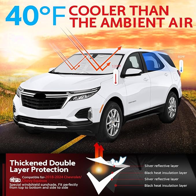 KAYZT Windshield Sun Shade for 2018-2024 Che-vrolet/Chevy Equinox (Not for Equinox EV) Foldable Sunshade Front Window Custom Fit Car Accessories