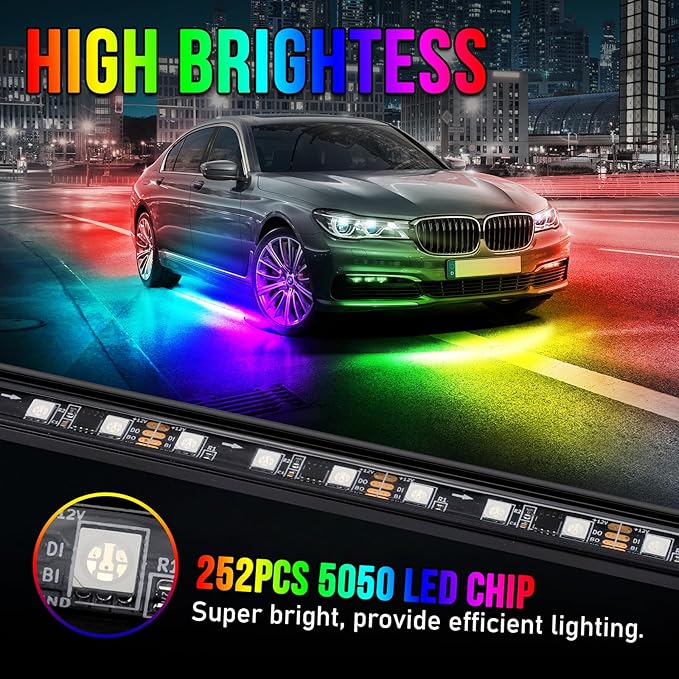 OPP ULITE Car Led Underglow Lights Aluminum Dream Chasing Color Accent Light Bar, RF Remote & APP Control Underglow Light Strip with Red Brake/Yellow Turn Signal/White Reverse Light Kit, 8PC Pack