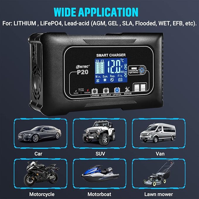 20Amp Lithium Battery Charger, 12V and 24V, Lifepo4, Lead-Acid (AGM/Gel/SLA.) Car Battery Charger, Maintainer Cycle Charger Trickle Charger Battery Desulfator for Boat, Motorcycle, Golf Cart