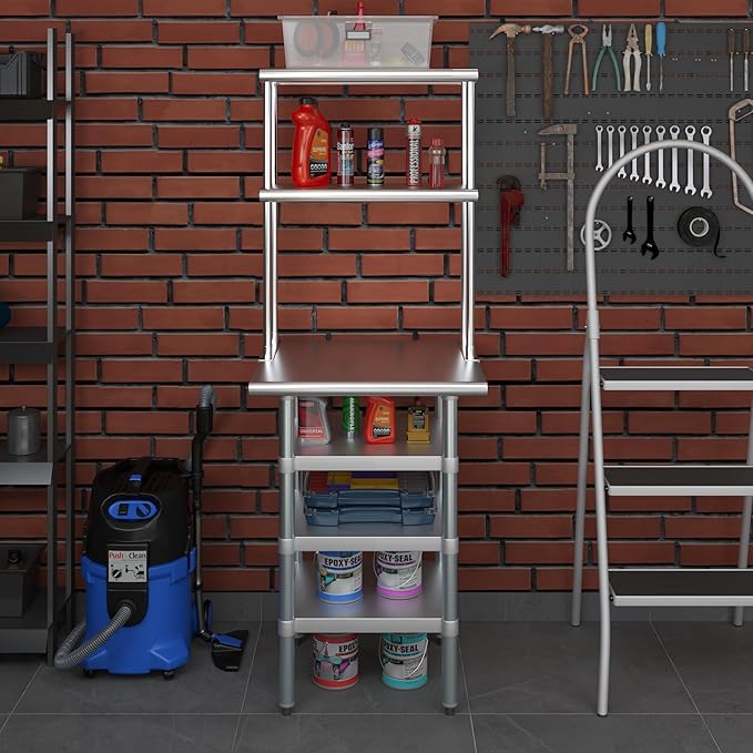 Amgood 24" x 24" Stainless Steel Work Table with 3 Shelves and 12" Wide Double Tier Overshelf | Metal Kitchen Prep Table & Shelving Combo | NSF