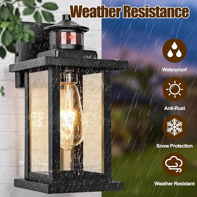 Motion Sensor Outdoor Lights Wall Mount, Dusk to Dawn Garage Exterior Light Fixture 2 Packs, Outdoor Wall Lighting with E26 Socket, Waterproof Unique Glass Shade, Exterior Lights for House, Porch