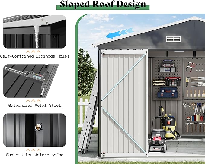 AMERLIFE 10x12x7 FT Galvanized Steel Storage Shed with Dual Transparent Panels, 2 4-Pane Windows & Hinged Double Doors, Outdoor Shed for Backyard, Garden, Patio, Dark Grey/White