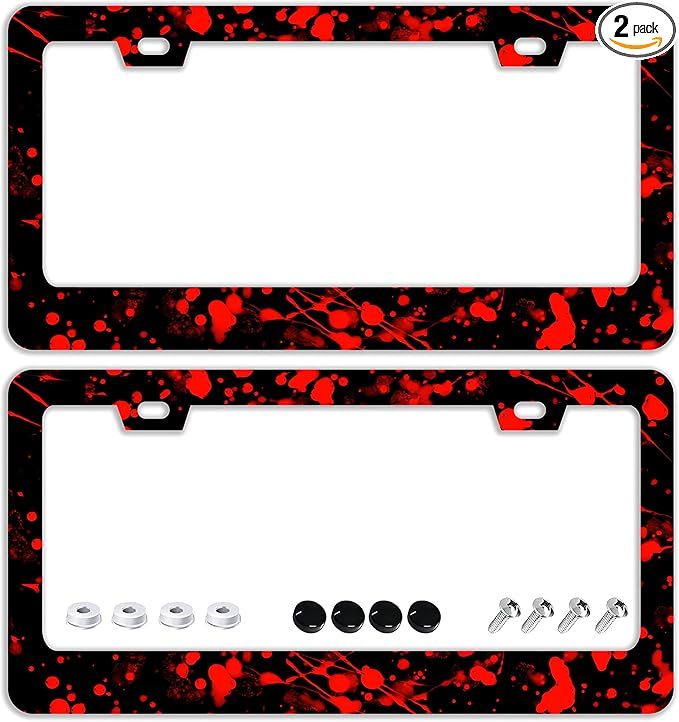 Blood Splattered Red Black License Plate Frames - 2 Pcs Set 2 Holes Stainless Steel Metal Auto Car Accessories Decoration License Plate Frame Cover Size 6.3" x 12.2" Fit US Vehicles for Women Men Gift
