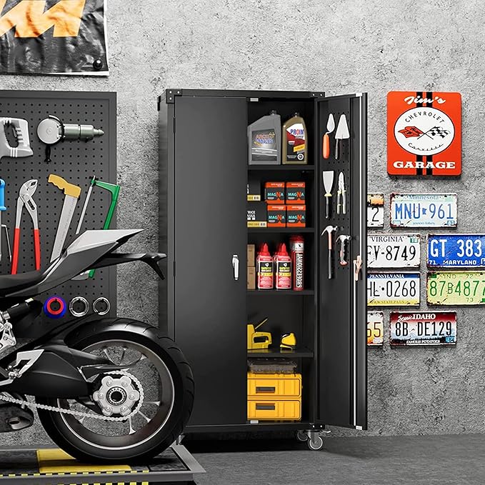 Garage Storage Cabinet with Wheels & Pegboard, 72" H Locking Metal Storage Cabinet with Doors and 4 Adjustable Shelves for Garage Workshop Home, Assembly Required, Black