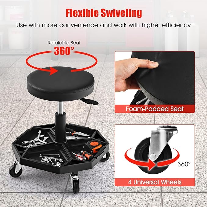 IRONMAX Rolling Mechanic Stool, Adjustable Shop Stool Creeper Seat with Removable Tool Tray, Padded Plush Cushion, Universal Wheels, Heavy Duty Metal Frame, 330 LBS Max Load (Black)