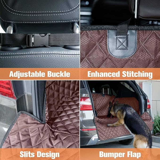 PETICON SUV Cargo Liner for Dogs, Waterproof Pet Cargo Cover Dog Seat Mat for SUVs Sedans Vans with Bumper Flap Protector, Non-Slip, Large Size Universal Fit, Brown