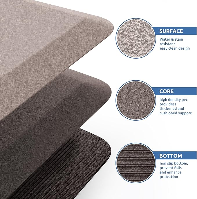 KitchenClouds Kitchen Mat Cushioned Anti Fatigue Rug 20"x39" Waterproof, Non Slip, Standing and Comfort Desk/Floor Mats for House Sink Office (Khaki)