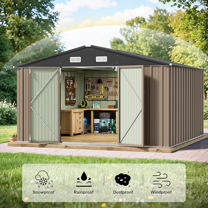 JUMMICO 8 x 10 FT Outdoor Storage Shed, Large Metal Garden Shed & Tool Sheds for Backyard Garden Patio Lawn (Brown)