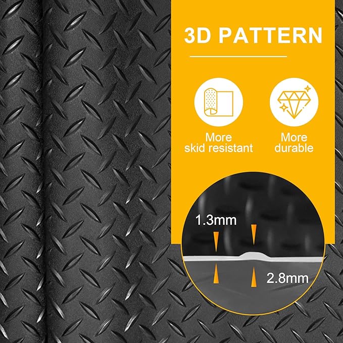 7.5x20 FT Garage Floor Mat, 2.8mm Thickened Flooring Roll with 20Pcs Tapes, Diamond Plate PVC Rubber Trailer Mat, Non-Slip Floor Protector Mat for Garage, Warehouse, Gyms, Trailer(Matte Black)