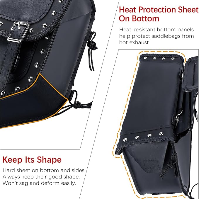 Dream Apparel Naked Cowhide Leather Motorcycle Saddle Bags Studded Throw Over Saddlebags, Motorcycle Side Bags for Honda Shadow Sportster Softail Dyna V-star (Black, With Studs)