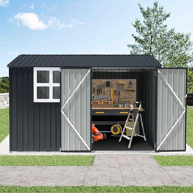 Verano Garden 10x8FT Outdoor Storage Shed, Large Galvanized Steel Metal Garden Shed with Window, Lockable Double Door, Outdoor Tool Shed for Backyard, Patio, Lawn(113.39"x98.03"x77.56")