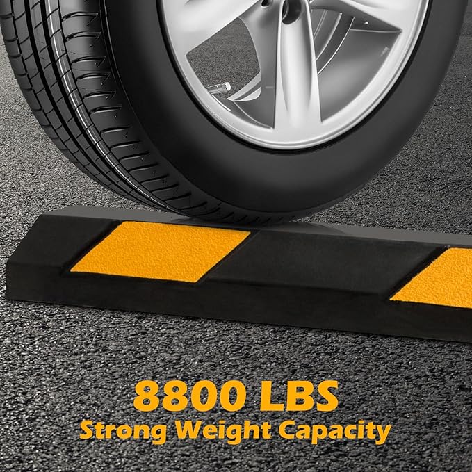 Rubber Parking Curb Garage Floor Stopper, 72" Heavy Duty Parking Lot Stopper with Yellow Reflective Stripes, Guide Wheel Stopper for Car, Truck, RV, Trailer, Driveway (4 Pack)