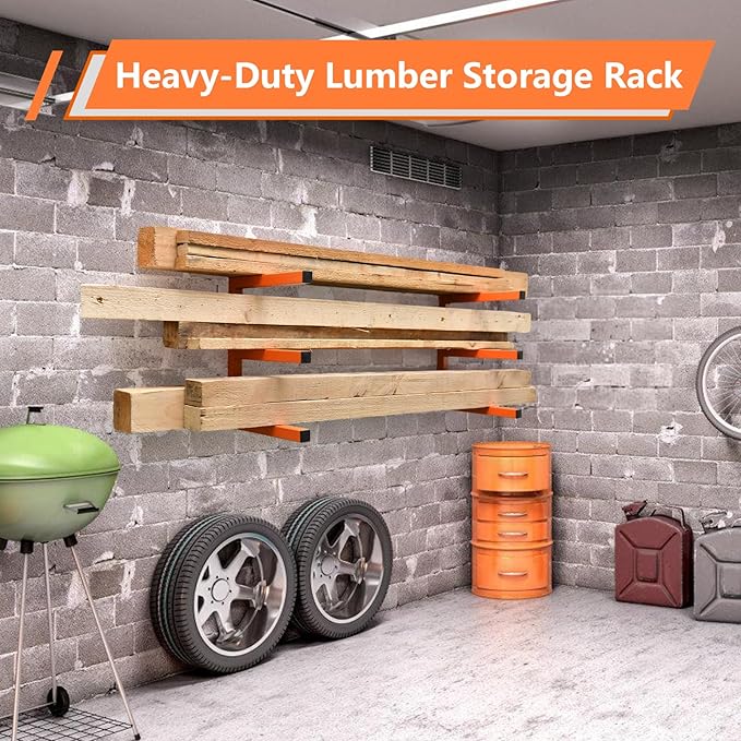 4 Pack Wood Organizer and Lumber Storage Rack Wall Mount, Heavy Duty Wood Storage Organizer Racks with 3-Level System for Garage, Workshop, Basement, Holds Up 220 LBS Per Level (Orange)