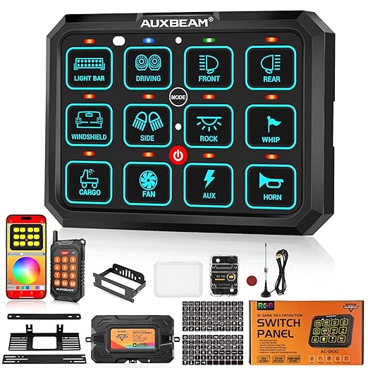 Auxbeam RGB 12 Gang Bluetooth Switch Panel AC-1200 w/165FT Long Range 433MHz Wireless Remote Control, Auto-Dimmable Panel w/Toggle Momentary Pulsed, Unique Patented Design Switch Pod Waterproof