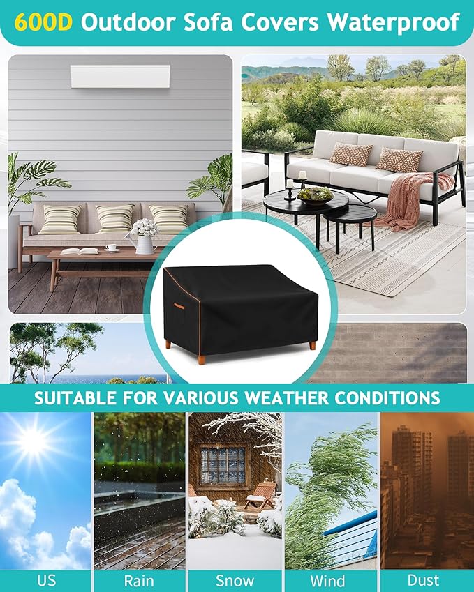 Outdoor Sofa Cover, Waterproof Patio Furniture Cover 90W x 42D x 33H inches Heavy Duty 600D Oxford Fabric Black