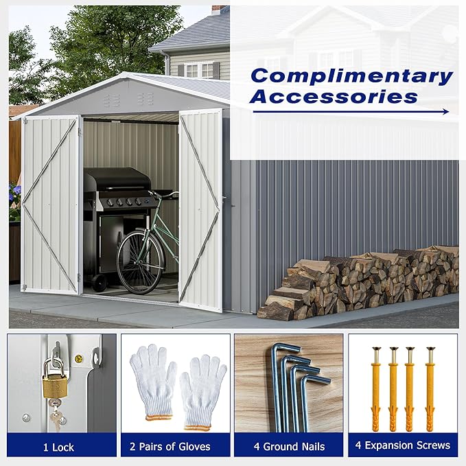8x12 FT Outdoor Storage Shed,Metal Shed W/Floor,Garden Storage Shed W/ 1 Lockable Hinged Door,All Weather Waterproof Tool House W/ 2 Air Vents & Sloped Roof,for Backyard,Patio,Lawn,Gray