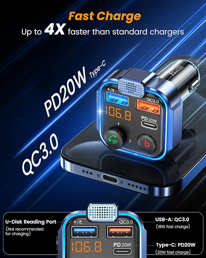 LENCENT FM Transmitter in-Car Adapter, Type-C PD 20W+ QC3.0 Fast USB Charger, Wireless Bluetooth 5.3 Radio Car Kit, Hands-Free Calling, MP3 Player Receiver Hi Fi Bass, Support U Disk