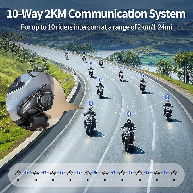 Motorcycle Helmet Bluetooth Headset, 10 Riders 2000M Communication Systems, Multitasking Audio Helmet Radio with Premium Microphone&40mm Hands-Free Speaker, Stereo Sound Motorcycle Intercom