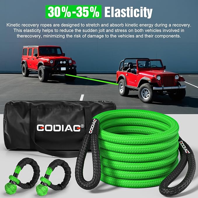 GODIAG 1"×30ft Kinetic Recovery Tow Rope (46500lbs) Heavy Duty Energy Rope with 2 Soft Shackles, 30% Elasticity Offroad Power Strap for Truck Jeep Car ATV UTV Tractor