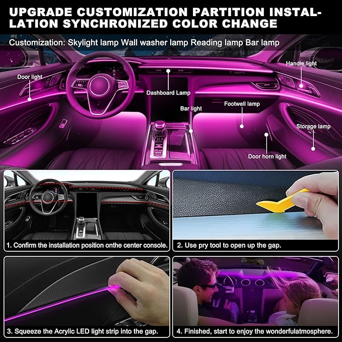 Acrylic Interior Car LED Strip Light with Wireless APP, 10 in 1 with 175 inches 593 LEDs Neon LED Strip Light, RGB Colors Dynamic Music Sync Car Ambient Lighting Kits