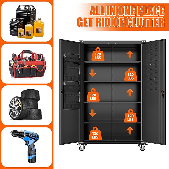 72" H Wide and Deep Garage Storage Cabinet with Wheels & Pegboard, Large Locking Metal Storage Cabinet with 2 Doors and 4 Adjustable Shelves for Garage, Home, Assembly Required, Black