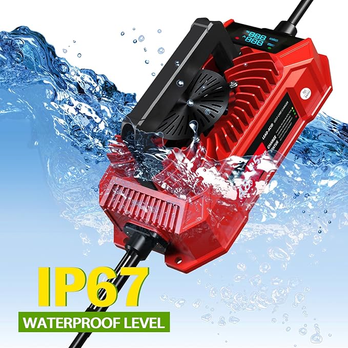 Golf Cart Charger 48 Volt Club Car with LED Visual Charging Display, IP67 15A Golf Cart Battery Charger for Club Car Precedent & DS Lead Acid Battery, 3-Pin Round Plug Cable, Club Car Accessories, Red