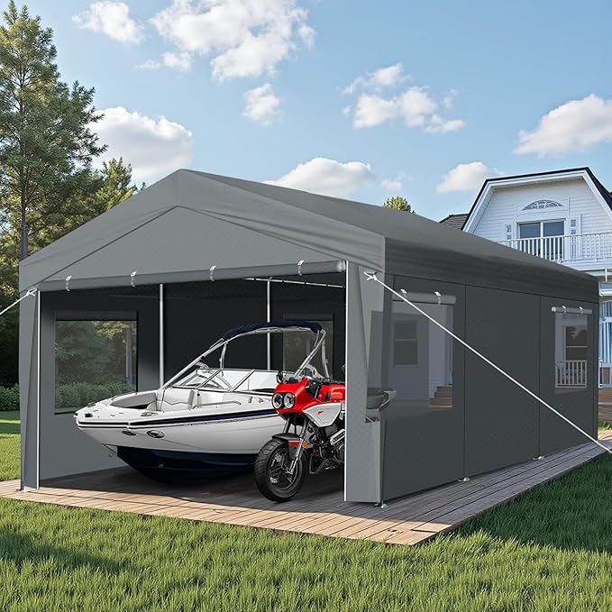 VINGLI 12x20 Carport Canopy Portable Garage with Roll-up Windows & Removable Sidewalls, Car Canopy Heavy Duty Car Tent for SUV, Boats, RVs, Trucks (with Sidewalls)