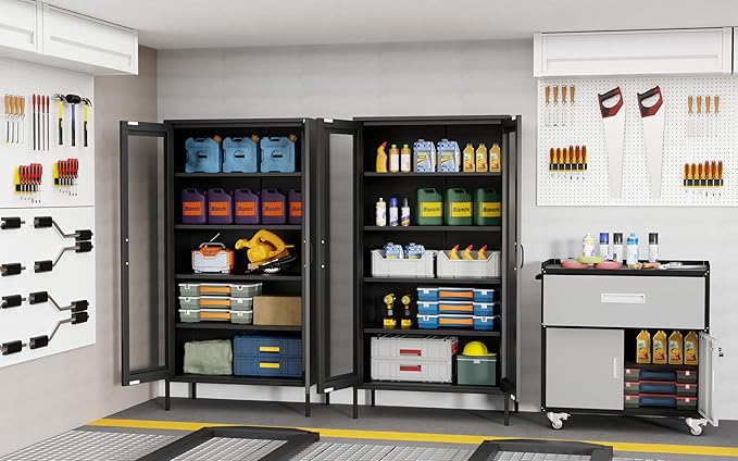 73 '' Metal Garage Storage Cabinet, 2 Doors and 4 Adjustable Shelves, mesh Door Design, can be Used to Store Tools, consumables, Books, etc., for Office, Home, Garage, Gym, School (Black)