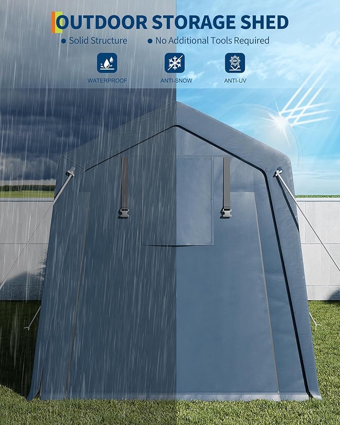 7*12F Outdoor Storage Shed with Floor, Heavy Duty Waterproof PE Tarp, Portable Metal Carport Garage Tent, 2 Roll-Up Doors & Vents, for Motorcycle and Bike Storage, Garden Tool Shed, Small Outdoor Shed